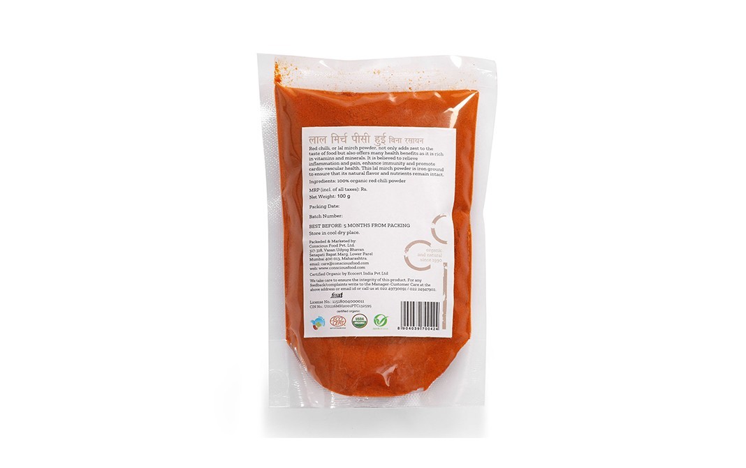 Conscious Food Red Chilli Powder Organic+iron-pounded   Pack  100 grams